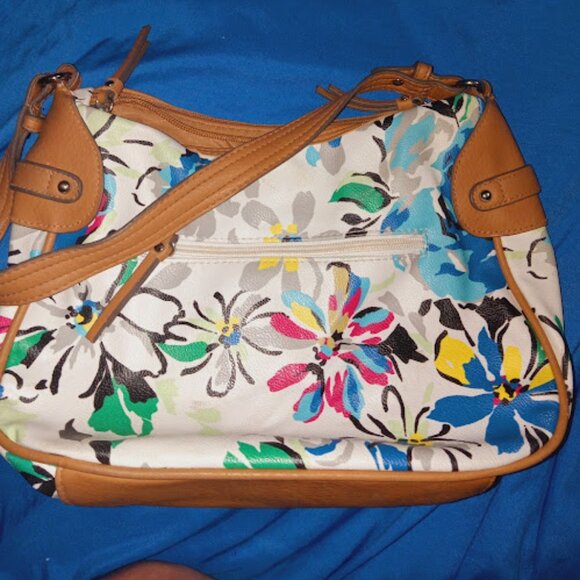 Rosetti floral print shoulder bag with light brown laether and chrome zippers - Picture 1 of 11